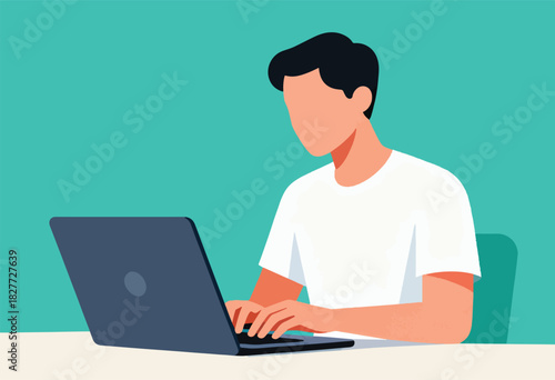A faceless individual in a white tee works on a laptop at a desk. Teal background. Minimalist style