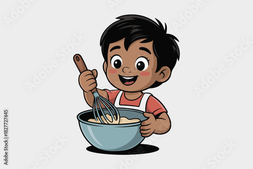 A cartoon child with dark hair and skin joyfully whisks ingredients in a bowl. Dressed in apron and shirt