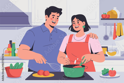 Illustration depicts a couple in a kitchen cooking together, with smiling faces and cheerful colors