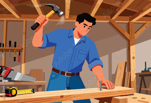 A person in a woodshop hammers a nail into a plank, accompanied by tools like a saw and tape measure