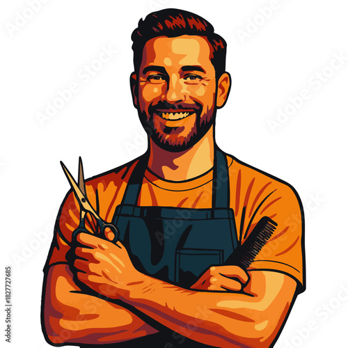 happy male barber in apron, confidently holding scissors and comb, ideal for grooming or hrstyling concepts. vector colorful pop art illustration.