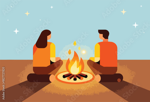 Stylized illustration depicts two figures sitting across from a campfire under a starlit sky. Evening setting