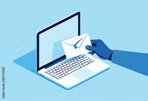 A blue illustration of a laptop, hand holding an envelope in front of screen, on a light blue background