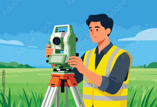 A surveyor, wearing a reflective vest, uses surveying equipment on a field on a bright, sunny day