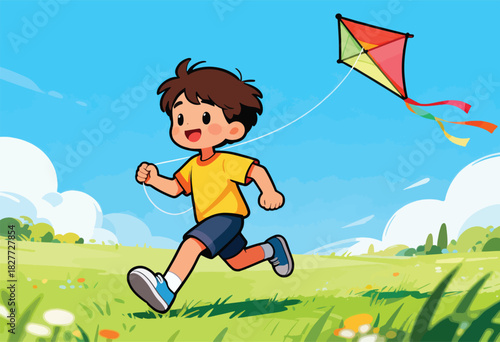 A cheerful boy joyfully runs through a vibrant field with a colorful kite on a breezy day