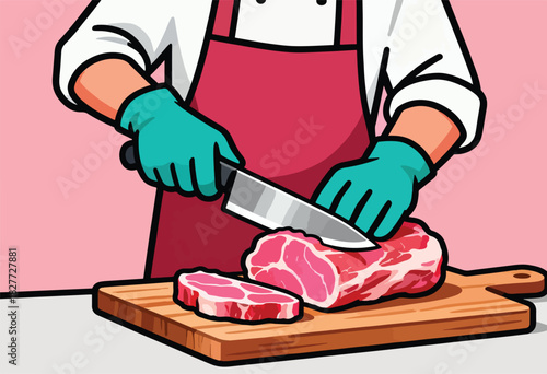 A cartoon butcher, wearing gloves and an apron, slices a raw cut of meat on a wooden cutting board with a knife