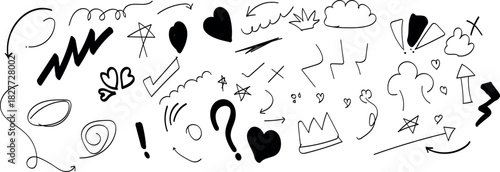 Hand drawn doodle elements arrows hearts lines and abstract shapes