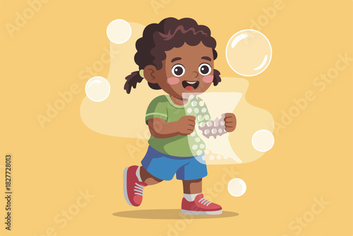 Illustration depicts a running child, smiling and holding a blister pack of pills with bubbles around