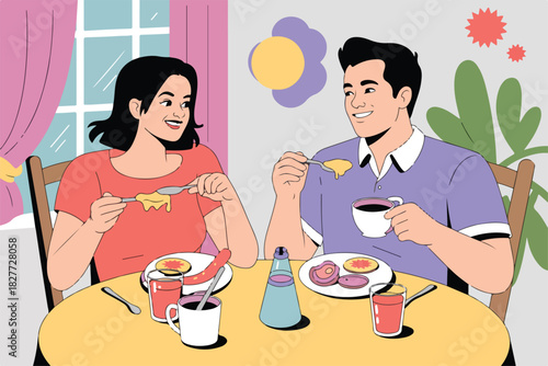 A couple at a table, enjoying breakfast together. Food, drinks, and decor are displayed, with expressions of joy