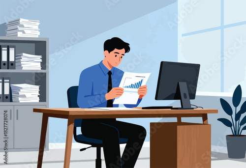 Illustration of a man at his desk in an office, reviewing a graph. There's a plant and a filing cabinet nearby