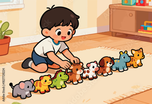 A happy child plays with animal toys on a rug in a bright room. A cabinet and plant add color