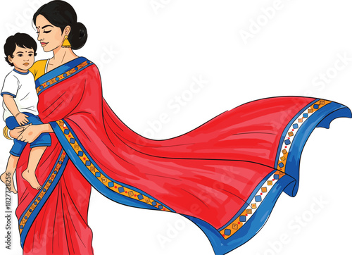Indian mother holding child in red saree, traditional woman with son vector illustration, flowing fabric, motherhood love concept, family care, isolated white.