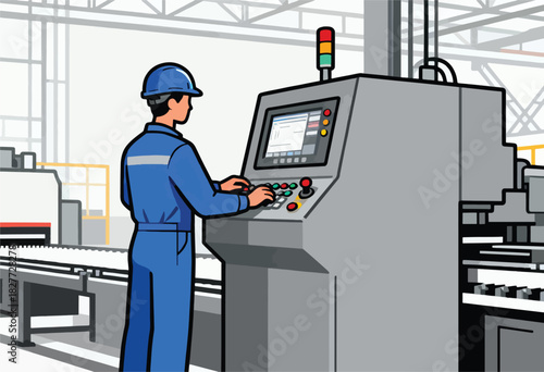 A worker in blue overalls and helmet operates a large industrial control panel, factory setting