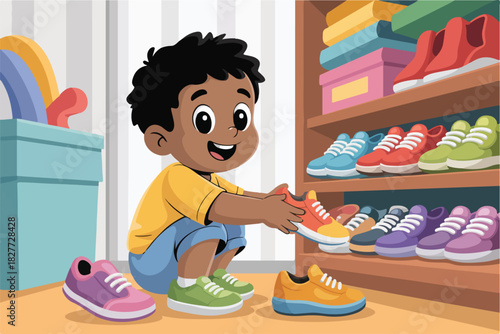 A smiling child selects a colorful shoe from a shelf filled with various sneakers. Other shoes rest on the floor