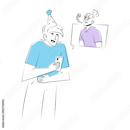 Hand drawn style illustration showing friends doing video chat