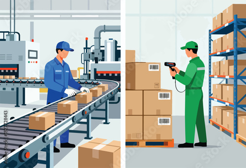 Illustration showing warehouse processes, worker checking boxes on conveyor and scanning, and storage