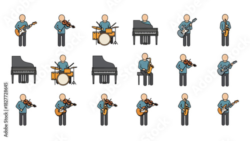 Cartoon musicians playing various instruments in a band.