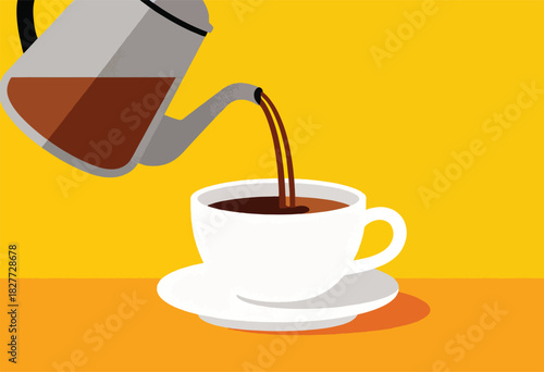 A coffee pot pours dark liquid into a cup on a saucer, bright yellow background