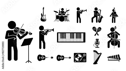 Stick figure musicians playing various instruments in black and white.