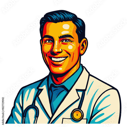 cheerful male doctor in lab coat with stethoscope, ideal for healthcare, medical, or wellness topics. vector colorful pop art illustration.