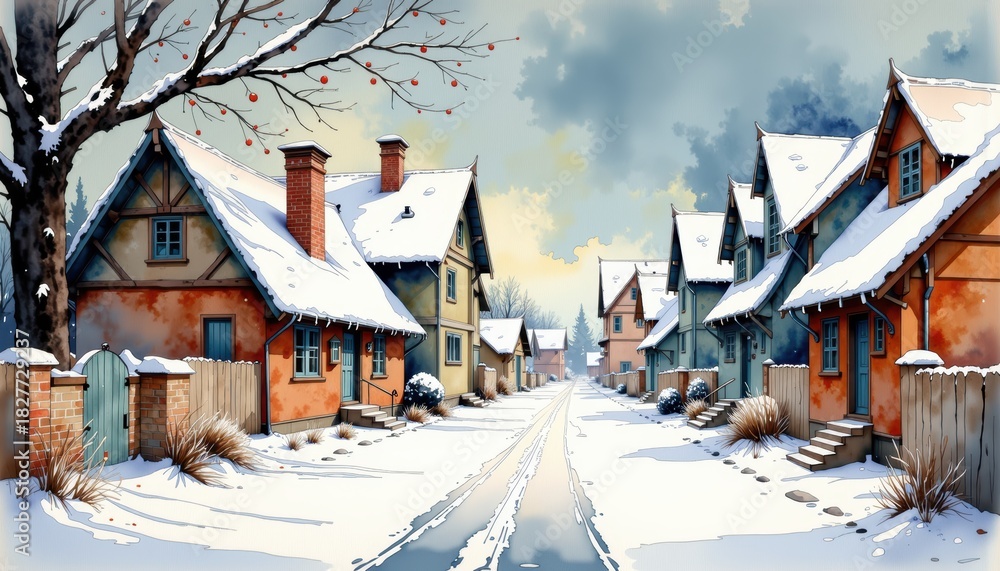 Naklejka premium Snowy street scene with houses winter landscape street covered in snow residential houses thoroughfare