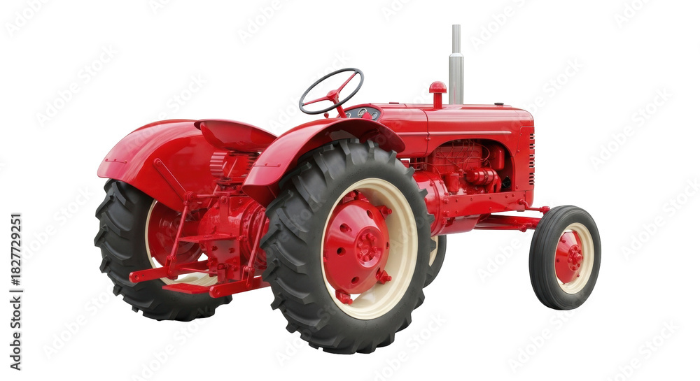 Obraz premium Isolated vintage red tractor agricultural machine historic equipment farm technology transport