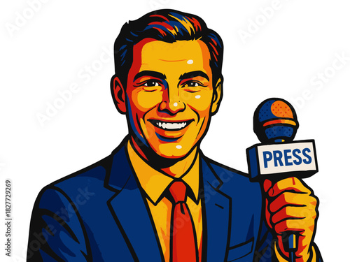 male journalist in a suit holding a press microphone, perfect for media or communication themes. vector colorful pop art illustration.