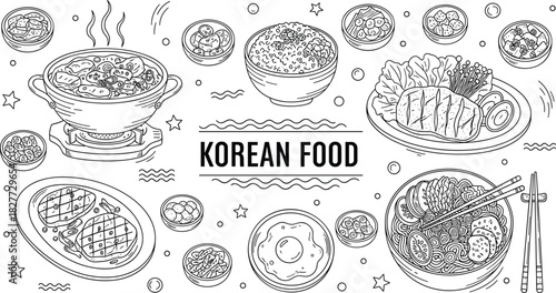 Korean Food Doodle Line Art Set; Hand-Drawn Outline Graphics of Bulgogi, Bibimbap, Kimchi, Noodles, and BBQ; Asian Cuisine, Meal, Dinner, and Traditional Food Illustration.