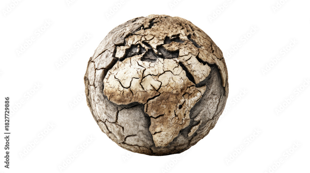 Naklejka premium A parched, cracked Earth sphere, depicting severe drought and desertification across Europe and Africa, symbolizing climate change and environmental crisis. background removed