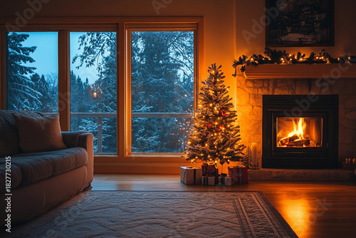 Generative ai image of warm cozy christmas interior with decorated tree presents glowing fireplace and snowy forest outside