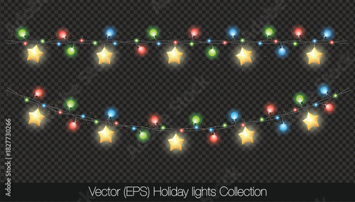 Charming Holiday lights set with glowing stars, colorful light bulbs and twinkles, isolated on transparent background. Decorative colorful string lights with twinkle
