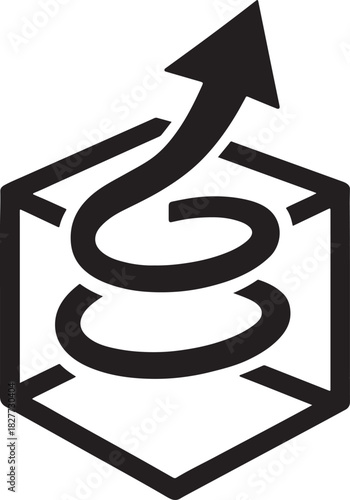 Upward spiraling growth arrow silhouette enclosed within an abstract cube frame for progress themes.
