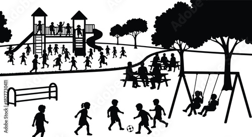 Black and white busy park landscape silhouette with children playing soccer and swings while families sit at picnic tables vector illustration background