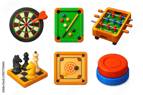3D Indoor Game Icons. 3D icon set of indoor games: dartboard, pool table, foosball, chess set, carrom board, shuffleboard puck. A