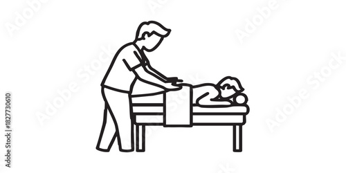 Masseur and man with towel thin line icon, spa massage concept. Vector graphics. Massaging client back on bed, therapy sign on white background, style icon mobile or web design