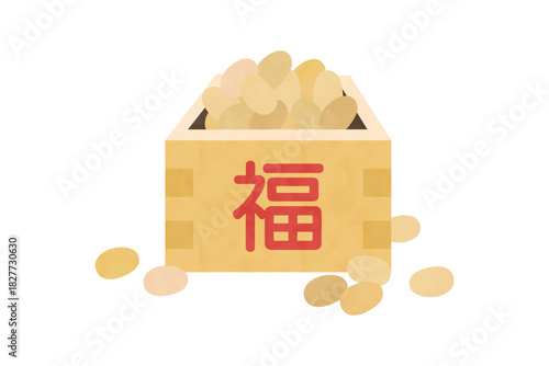 「福」の文字入り枡と大豆の節分イラスト