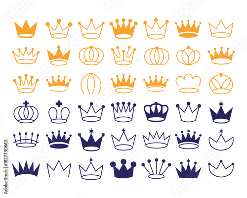 Collection of stylized crown icons in orange and blue colors
