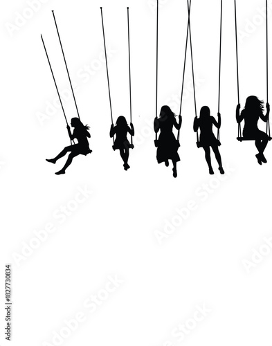 Black and white group of children silhouette swinging on playground swings vector illustration girls playing together isolated on white background summer activity