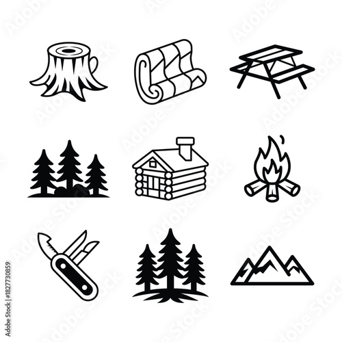 Camping and outdoor icons: stump, sleeping bag, picnic table, cabin, campfire
