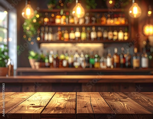 Blurred interior view of a pub, with a wooden bar top in the foreground, lights above, and shelves filled with bottles