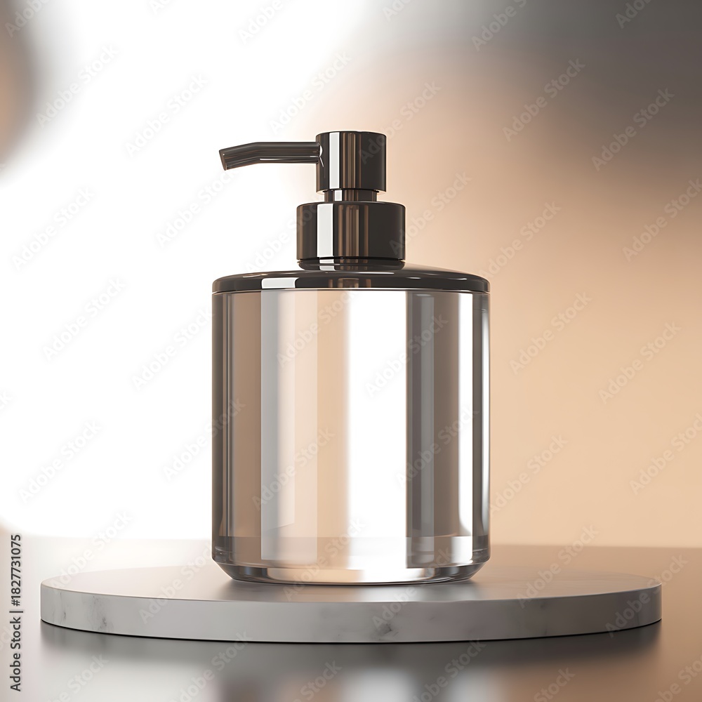 Obraz premium Elegant chrome soap dispenser on marble stand radiates modern luxury, perfect for upscale bathrooms and stylish hand hygiene promotions in spas and hotels