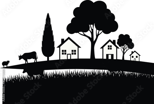 Black and white rural landscape silhouette with farm houses trees and grazing cows vector illustration flat graphic design village background isolated on white