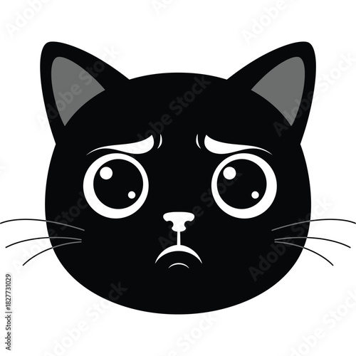 Sad Black Cat Cartoon Face with Big Eyes upset unhappy animal mammal pet kitten kitty whiskers illustration