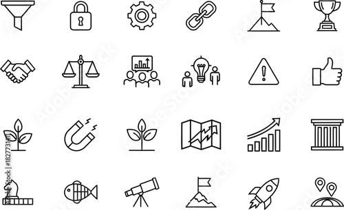 A comprehensive collection of diverse business, finance, nature, and technology outline icons, isolated on white background