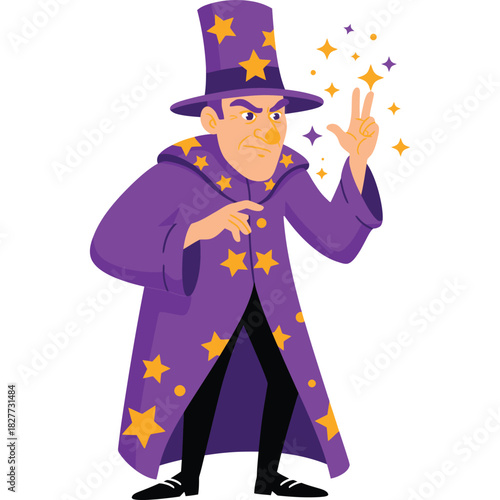 Cartoon wizard casting a spell with stars magic robe hat purple magician fantasy character illustration