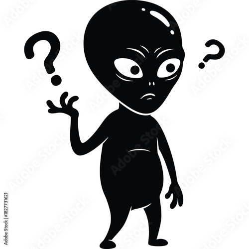 Confused Alien Cartoon Character with Question Marks extraterrestrial space illustration black and white