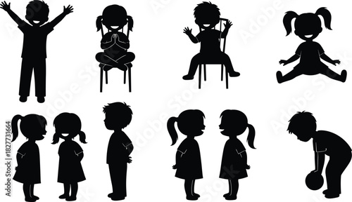 Child silhouettes, playful poses, seated figures, talking kids, ball activity, expressive gestures, black icons, vector illustration, childhood behavior