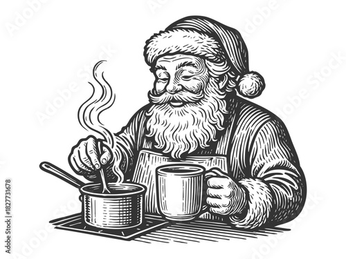 cheerful Santa stirring a pot and holding a warm mug, perfect for cozy Christmas themes sketch engraving fictional character vector illustration. Scratch board. Black and white image.