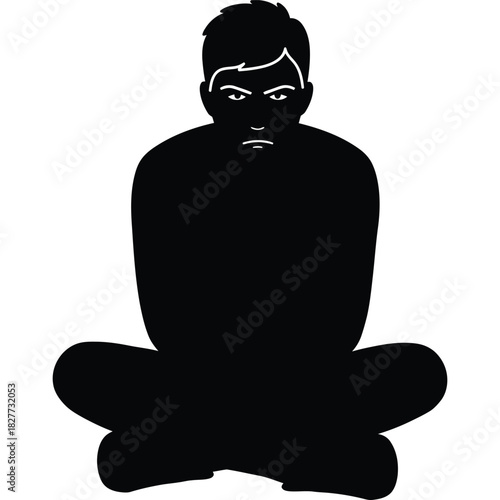Silhouette of a man sitting cross-legged with an angry expression face isolated white background male person