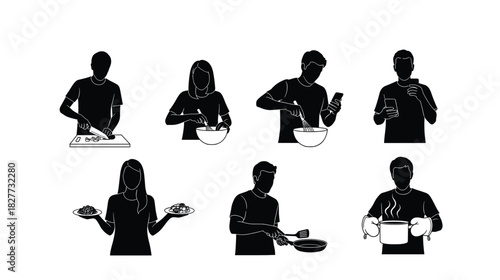 Cooking activity silhouettes, kitchen gestures, food preparation icons, chopping, mixing, frying, serving, black vector, culinary illustration